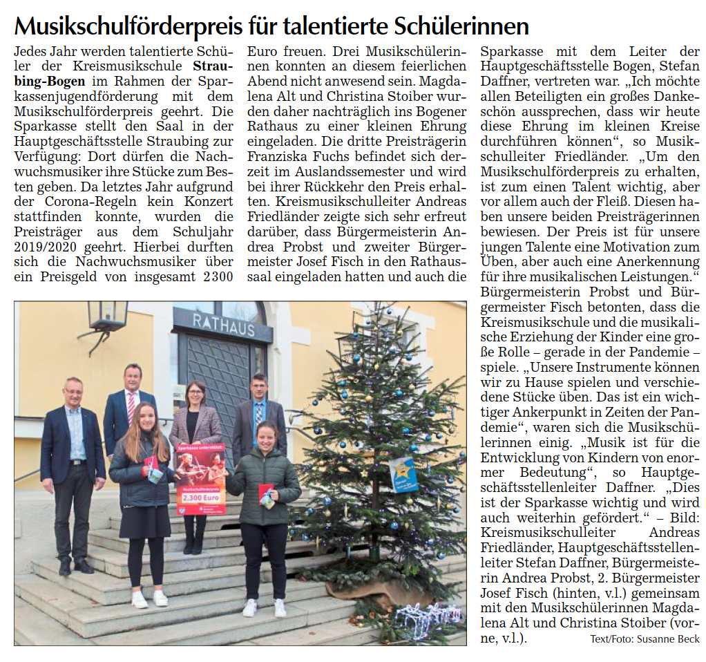 Bild zu Musikschulförderpreis für talentierte Schülerinnen, Straubinger Tagblatt 08.12.2021