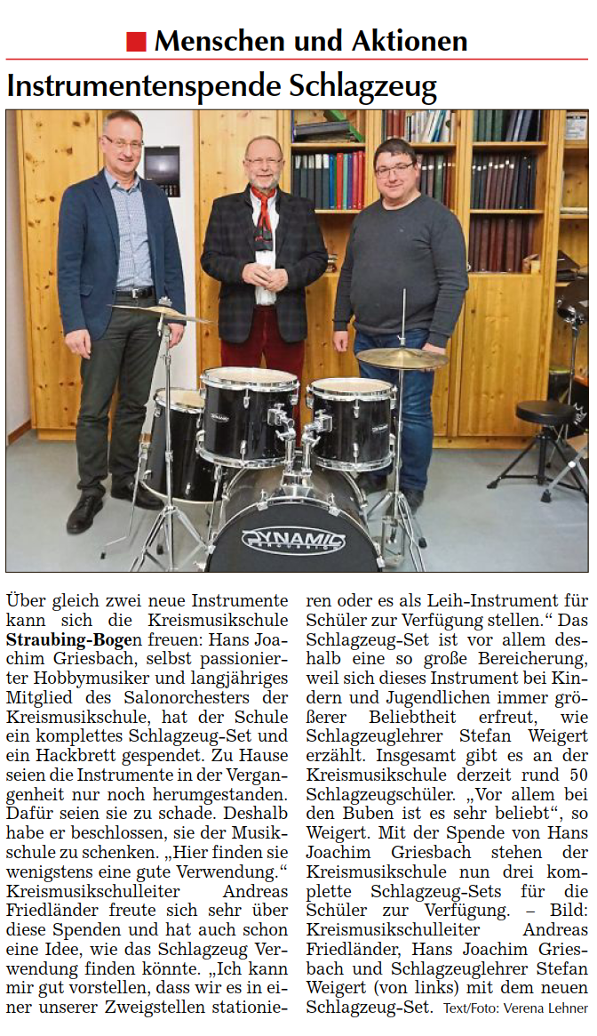 Bild zu Instrumentenspende Schlagzeug Hans Joachim Griesbach, Straubinger Tagblatt 11.02.2022