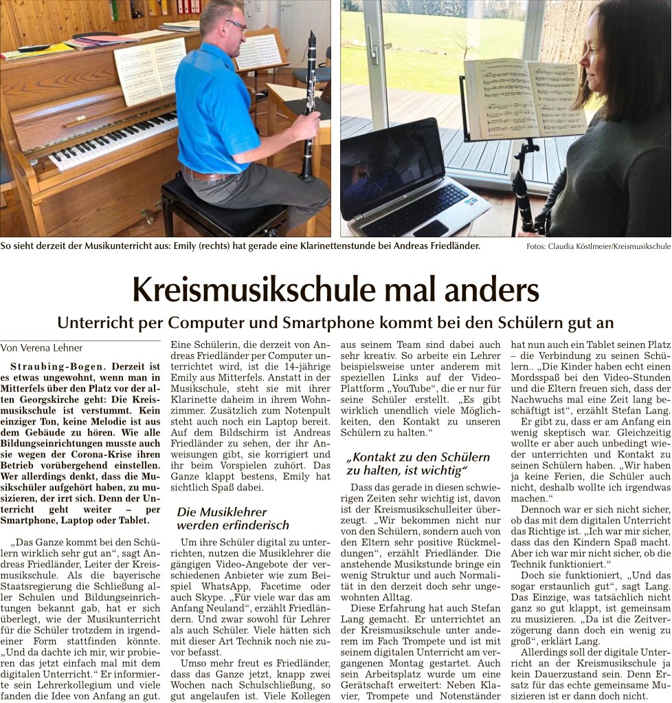 Kreismusikschule mal anders, Bogener Zeitung 30.3.2020