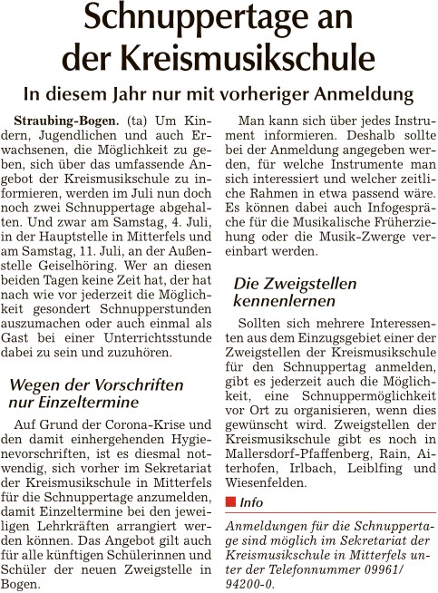 Schnuppertage an der Kreismusikschule nur mit Voranmeldung, Bogener Zeitung 26.6.2020